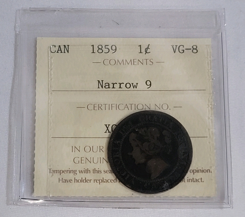 1859 Canadian Narrow 9 One Cent Penny . ICCS Grade VG-8