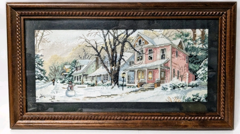 Cozy Vintage Framed Winter Cross-Stitch Wall Art | 18" x 10.4"