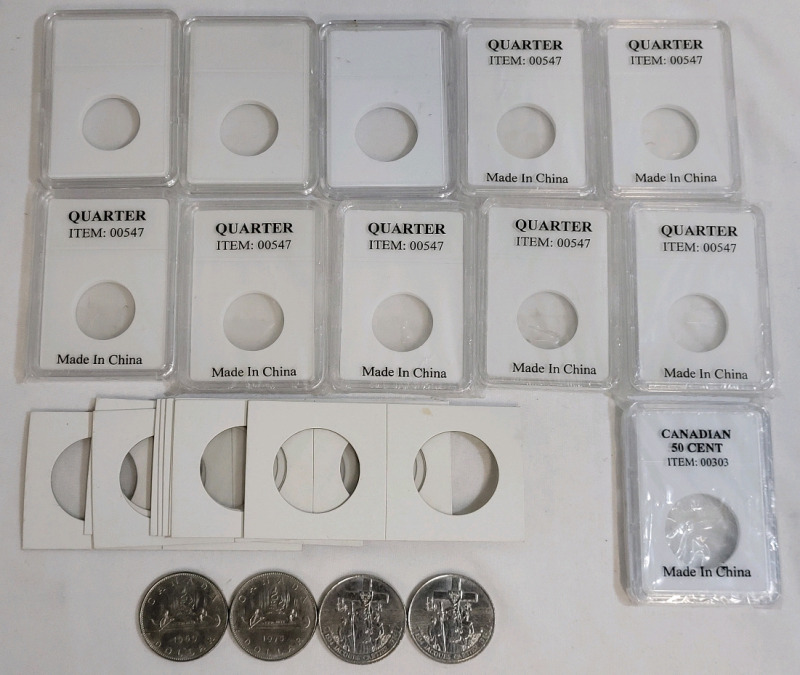 1969 - 1984 Canadian One Dollar Coins & Coin Holders . 1969 , 1975 & 1984 &times;2