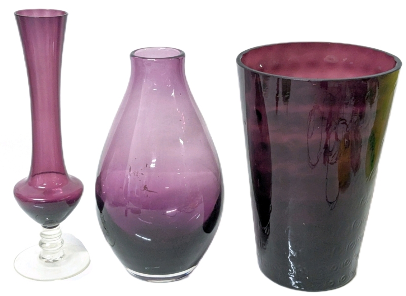 3 Vintage Amethyst Glass Vases | 8", 8.25" & 9.5" Tall