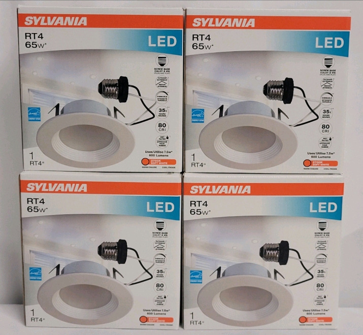 New - SYLVANIA General Lighting LED 4" RT4 Recessed Downlight Kit with Screw Base Plug and Play , Indoor / Outdoor , 65w . Four (4) Kits , Retail $100