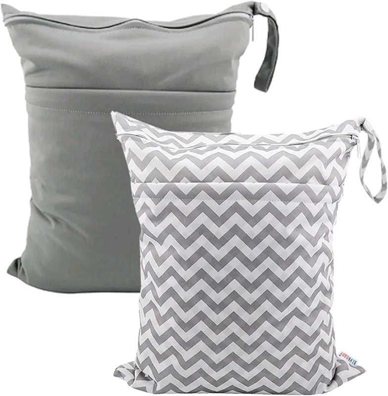 New AlvaBaby 2-Pack Wet Dry Bags with Two Zippered Pockets (Grey Wave) | 11.8" x 14.2"