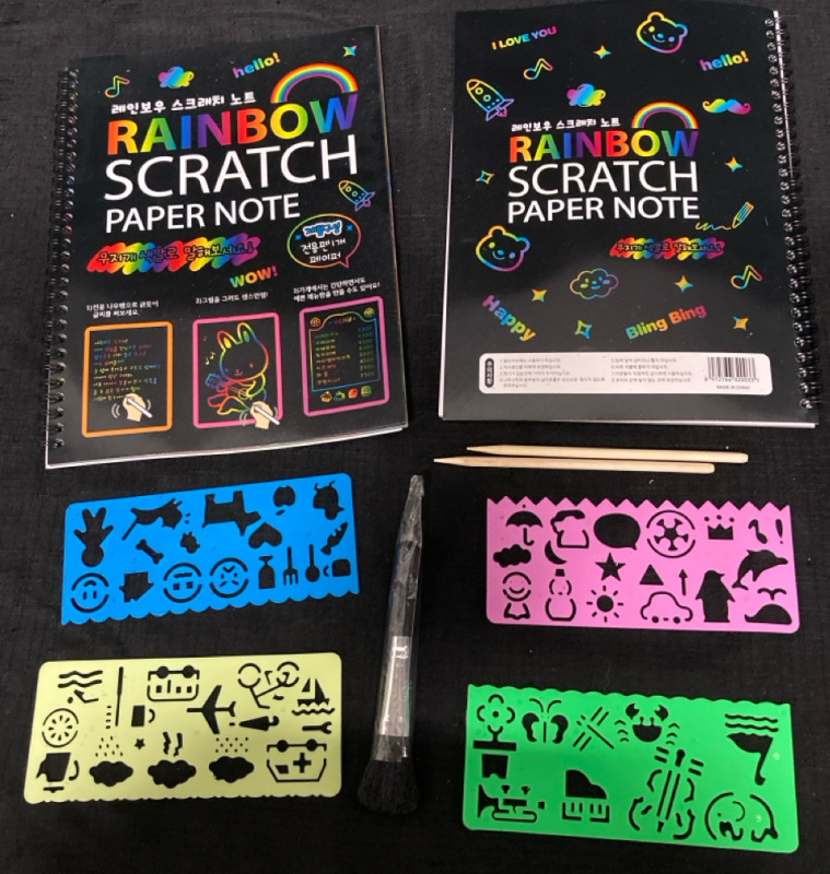 New 2 Book Rainbow Scratch Paper Note w 2 stencils, brush 10.5&rdquo; L x 8.5&rdquo; w