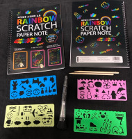 New 2 Book Rainbow Scratch Paper Note w 2 stencils, brush 10.5&rdquo; L x 8.5&rdquo; w