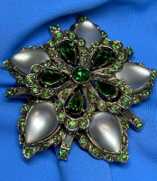 Sensational Moonstone Teardrop Glass Emerald Green Layered Wow Brooch