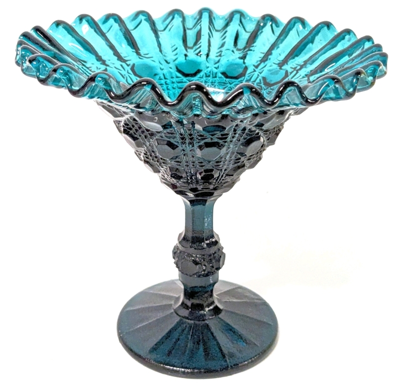 Vintage Aqua Marine Blue Pedestal Candy Dish with Crimped Ruffled Edges & Diamond Pointe Pattern | 6.5" Diameter x 6.15" Tall