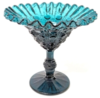Vintage Aqua Marine Blue Pedestal Candy Dish with Crimped Ruffled Edges & Diamond Pointe Pattern | 6.5" Diameter x 6.15" Tall