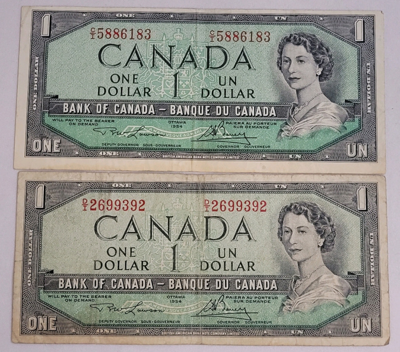 1954 Canadian Bank of Canada One Dollar Bank Notes , Two (2) Bank Notes . Both have been in circulation