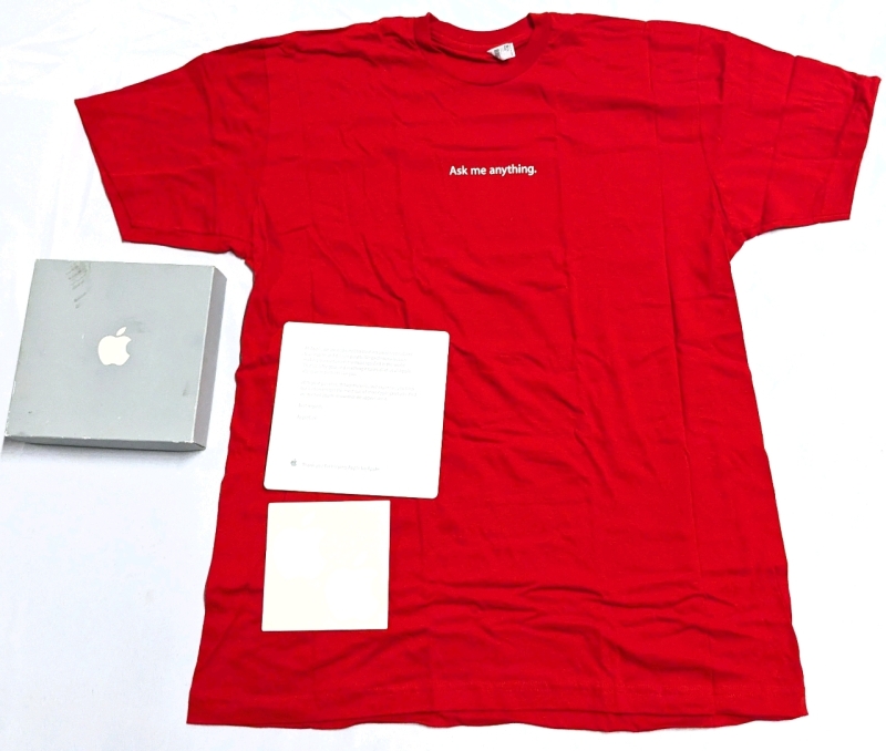 New Size XL | Apple Advisor "Ask Me Anything" American Apparel T-Shirt with Gift Box & 2 Apple Logo Decals (3" Tall ea)