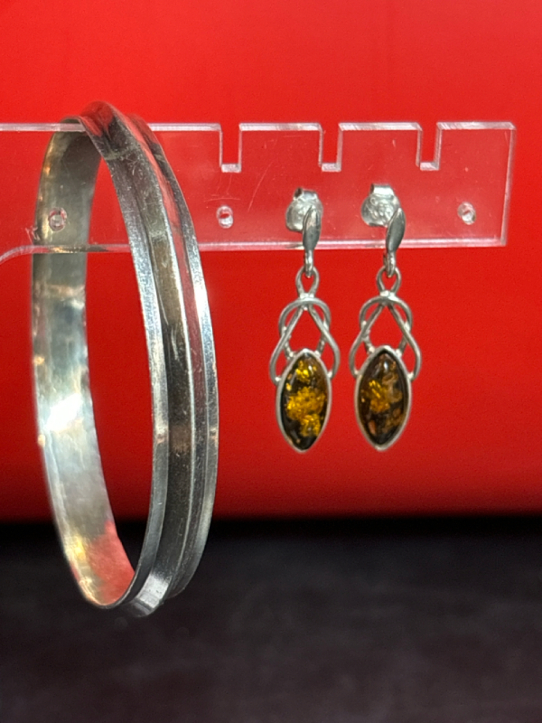 Celtic Amber Sterling Drop Earrings Pierced Modern Bangle