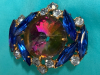 Vintage rose Cut Aurora Borealis Brooch Sapphire Navettes & Blue Topaz Rhinestones