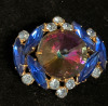 Vintage rose Cut Aurora Borealis Brooch Sapphire Navettes & Blue Topaz Rhinestones - 4