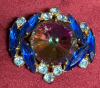 Vintage rose Cut Aurora Borealis Brooch Sapphire Navettes & Blue Topaz Rhinestones - 5