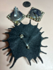 Sea Creature Designer Black Leather Large Brooch Black & White Rhinestone Earrings - 2