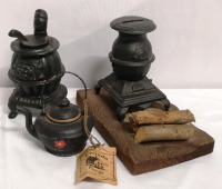 Vintage Canada Forge Miniature 2" Cast Iron Teapot, 4.5" Pot Belly Stove & 6"L Stove Bank on Wood