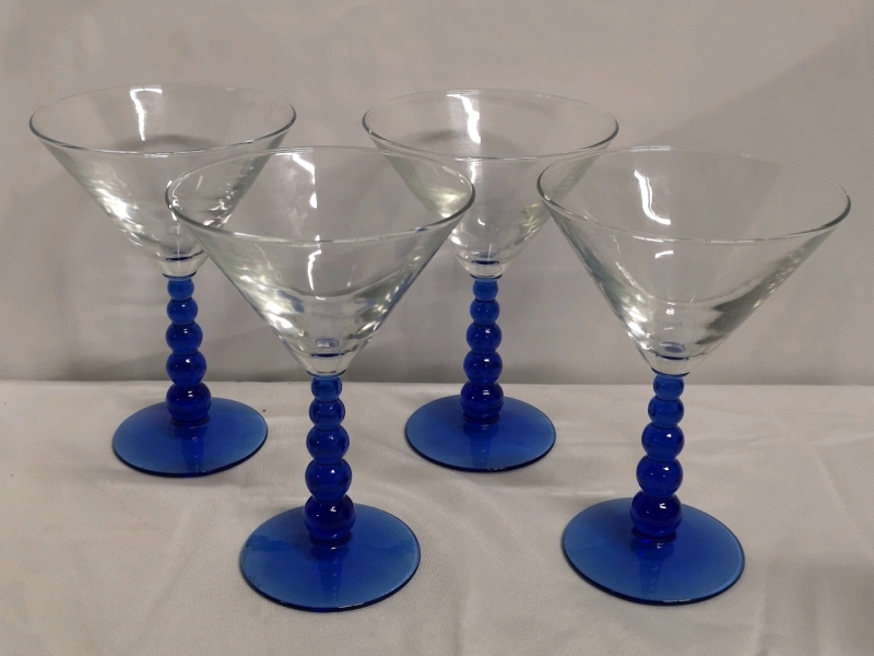 4 Vintage 7" Blue Glass Stem Martini Glasses