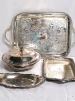 Vintage Silver Plate Lot - Platters + Covered Dish With Glass Inserts