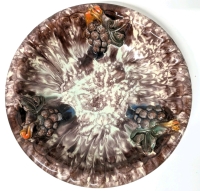 Striking Vintage Unsigned Jaspa Ketamic Drip Glaze Fruit Bowl w Grapes | 12.25" Diameter x 3" Tall