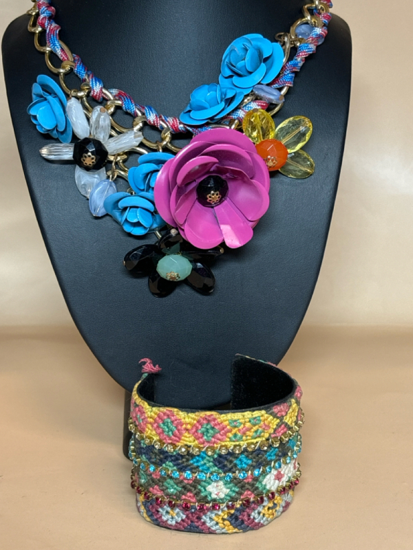 Retro Statement Garden in Bloom Necklace Wide Embroidered Cuff with Rhinestones