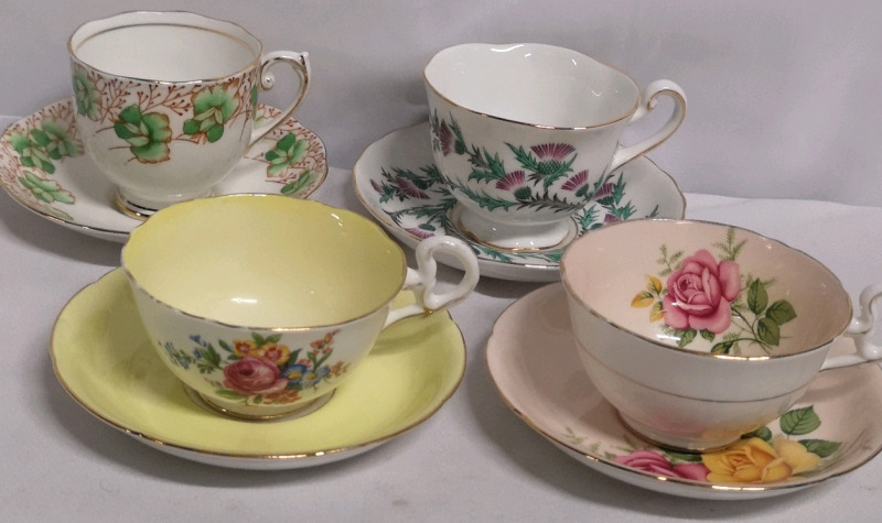 4 Vintage Teacups & Saucers - Royal Gafton, Royal Chelsea Melba, & Roslyn