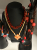 Red Gunja Beads Carved Flower Sea Bean Necklace & Bracelet