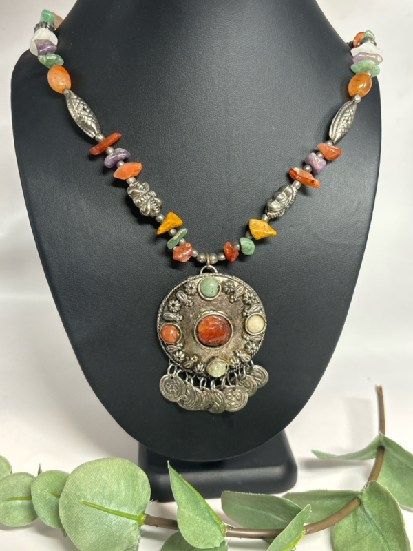 Vintage Tribal Statement Necklace with Coins & Stones