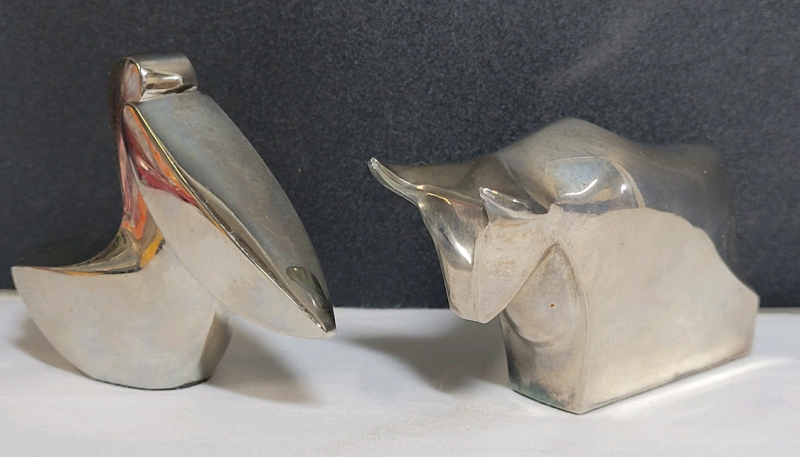 Vintage DANSK Silver Plate Bull & Pelican Animal Paperweights. See Photos for measurements