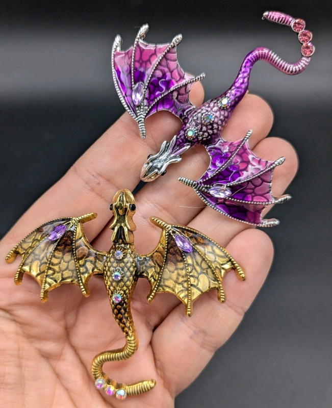 2 Gorgeous Dragon Pendants w AB + Amethyst Rhinestones in Gold and Silver Tones | 2.3" Long Each