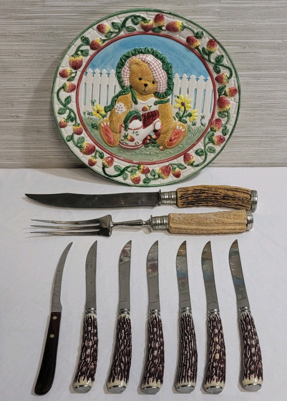 Bone Handle Carving Set with Six (6) Steak Knives , Micro Edge Knife & Cherished Teddies Display Plate