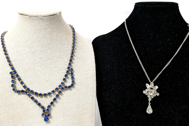 2 Lovely Vintage Necklaces: Brilliant Blues & Ooen-Back Large Clear Rhinestone Pendant