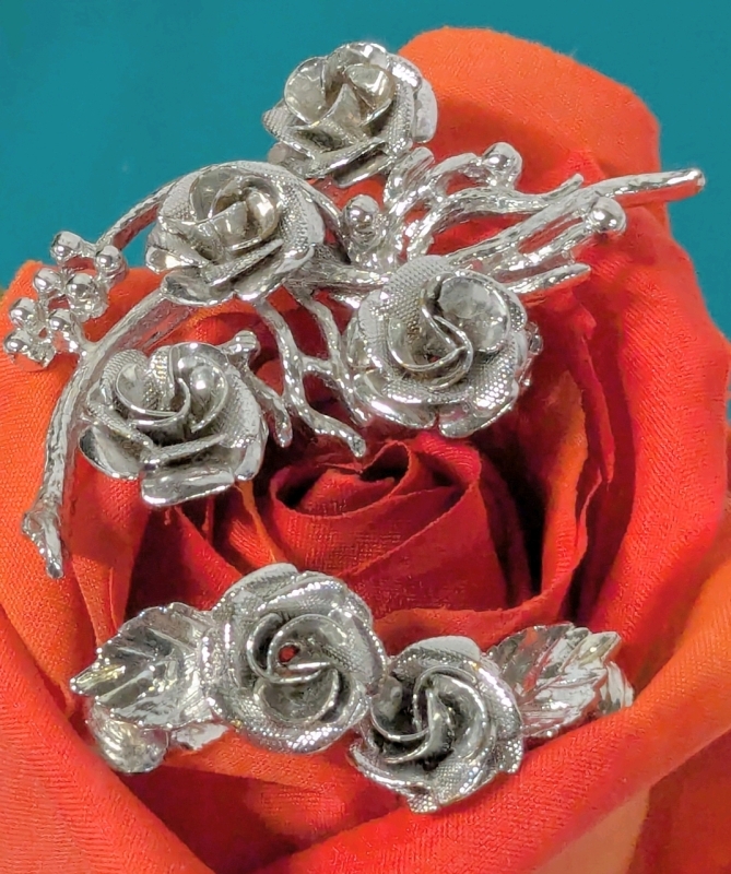 Gorgeous Signed Vintage CORO Silver Tone Rose Brooch w Marching Clip-On Earrings | Brooch 2.25" Long