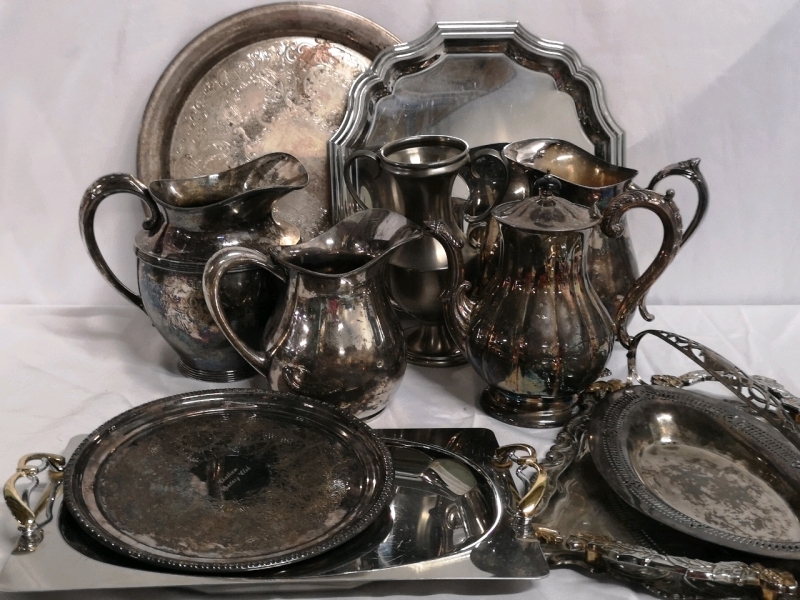 Large Vintage Silver Plate Lot - Pitchers, Platters & Coffee Pot+