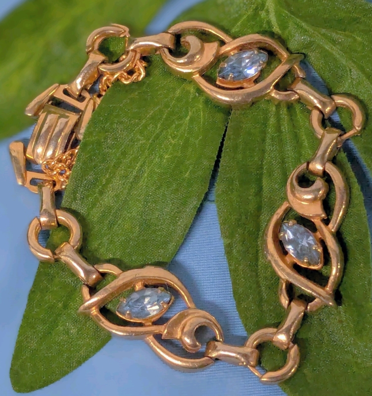 Signed Vintage Barclay Gold Tone Bracelet with Light Blue Faceted Stones & Safety Chain | Approx 5.5" Long