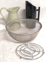 Kitchen Ware Lot - Pitchers 8-10" + Strainer 10" Diameter + Trivet 7" Diameter