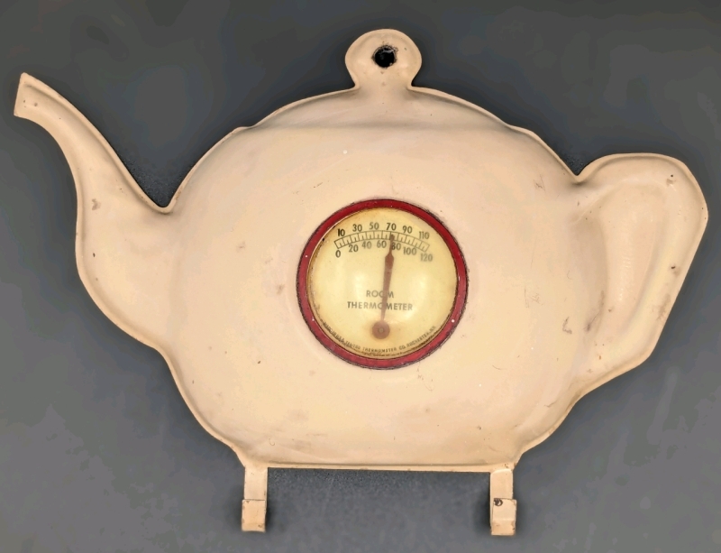 Kitschy Vintage Tin Teapot -Shaped Wall-Hanging Room Thermometer with 2 Hooks | 8" x 5.75"