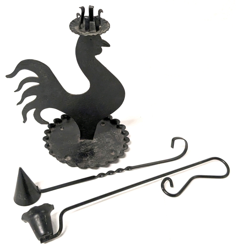 Vintage Metal Rooster Candleholder (8.75" - Repaired) & 2 Candle-Snuffers (9.75" - 11.4")