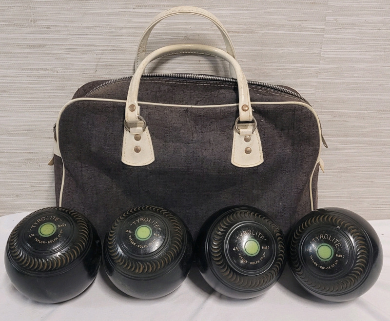 Vintage Taylor-Rolph Co. " Tyrolite " 4 7/8 Bias 3 Lawn Bowling Set with Travel Bag