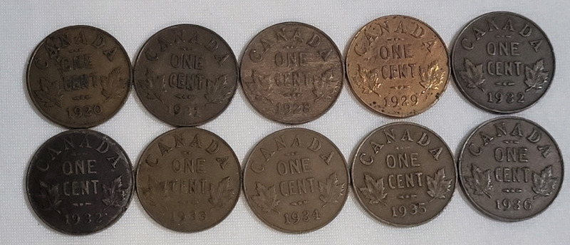 1920 - 1936 Canadian King George V Pennies , 10 Coins . 1920 , 1921 , 1928 , 1929 , 1932 ×2 , 1933 , 1934 , 1935 & 1936