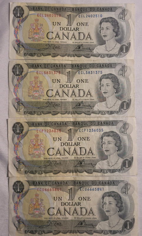 1973 Canadian One Dollar Bank of Canada Bank Notes - 4 Notes