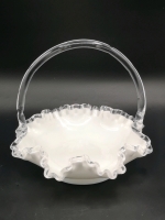 Vintage 7.5" FENTON White Milk Glass Basket with Silver Crest and Ruffled Rim - Signed