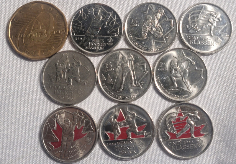2009 Montreal Canadians Loonie & 2009 Olympic Quarters - 3 colored quarters