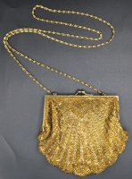 Vintage Beaded Gold Tone Scallop Shell Handbag Purse with Chain Shoulder Strap | 5.25" x 5.75" with 12" Drop Chain