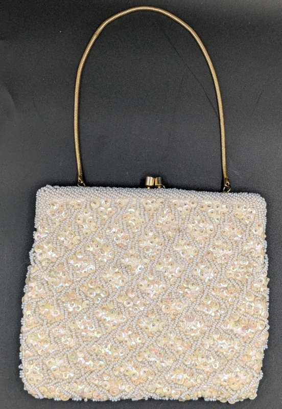 Classy Vintage Iridescent Sequins & White Beaded Handbag with Gold Hardware Made in Hong Kong | 6.5" x 5.5" with" Drop Strap