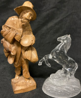 Vintage Folk Art Traveler Barefoot Man + Crystal Horse Stallion Figure Largest 10” Ht x 2.5” w