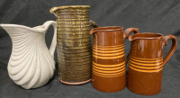 Vintage Lot of Pitchers w Earthenware , Gibsons + Ceramic Clam Shell Largest 6” w x 8” ht