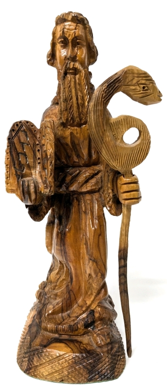 Fantastic Vintage Wood Carving of Moses with 10 Commandments & Serpent Staff | 11" Tall