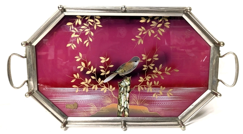 Gorgeous Vintage Reverse-Painted Glass, Metal & Wood Tray with Inlaid Abalone Shell | 10" x 18" including Handles