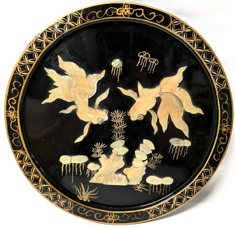 Vintage Chinoiserie Inlaid Goldfish Tray | 11.75" Diameter