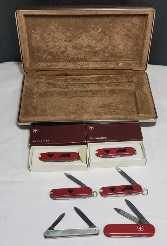 Victorinox Swiss ×4 - 2 new in box , Wenger Swiss & Sheffield England Pocket Knives with Case . Six (6) Pocket Knives