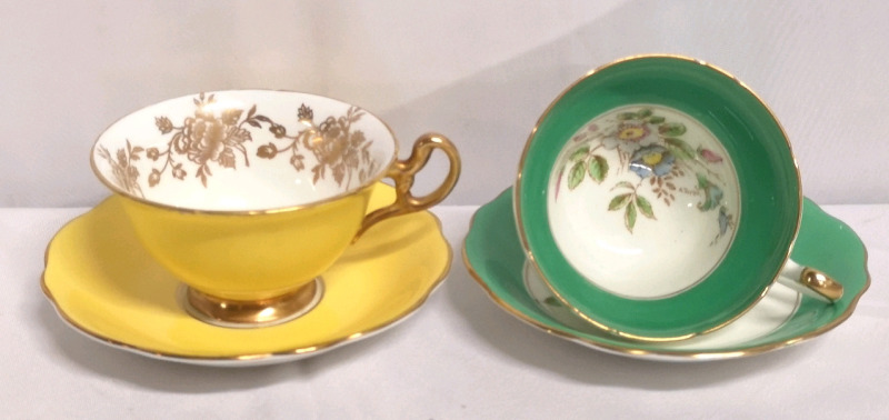 2 Vintage Foley Teacups & Saucers - Green Signed A. Taylor Made in England